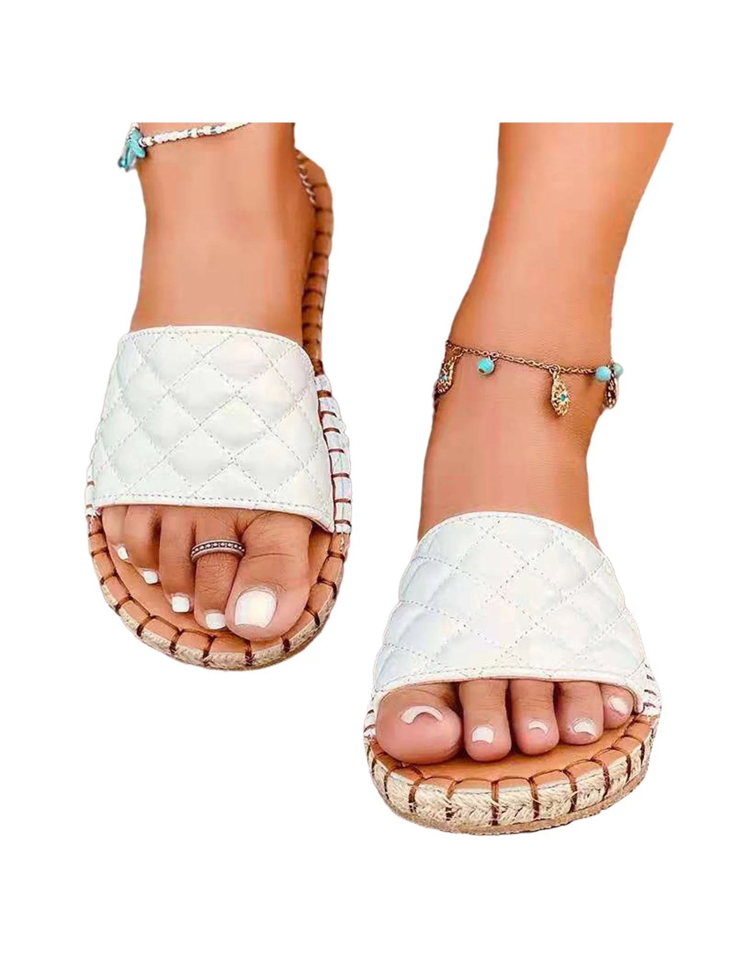 Colisha Womens Ladies Flat Summer Sliders Quilted Slides Beach Slip on Mules Sandals Shoes | Walmart (US)