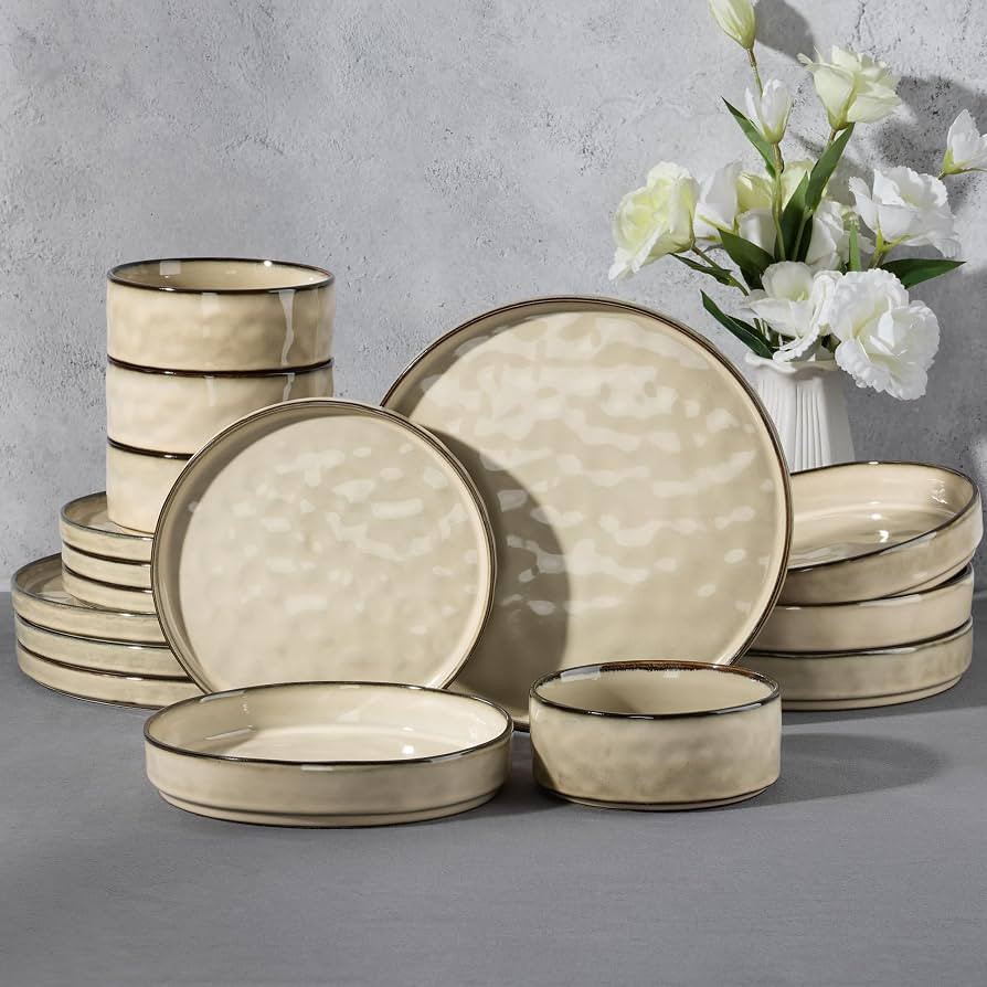 E-far 16-Piece Plates and Bowls Sets with Pasta Bowls - Stoneware Dinnerware Set for 4, Modern Ri... | Amazon (US)