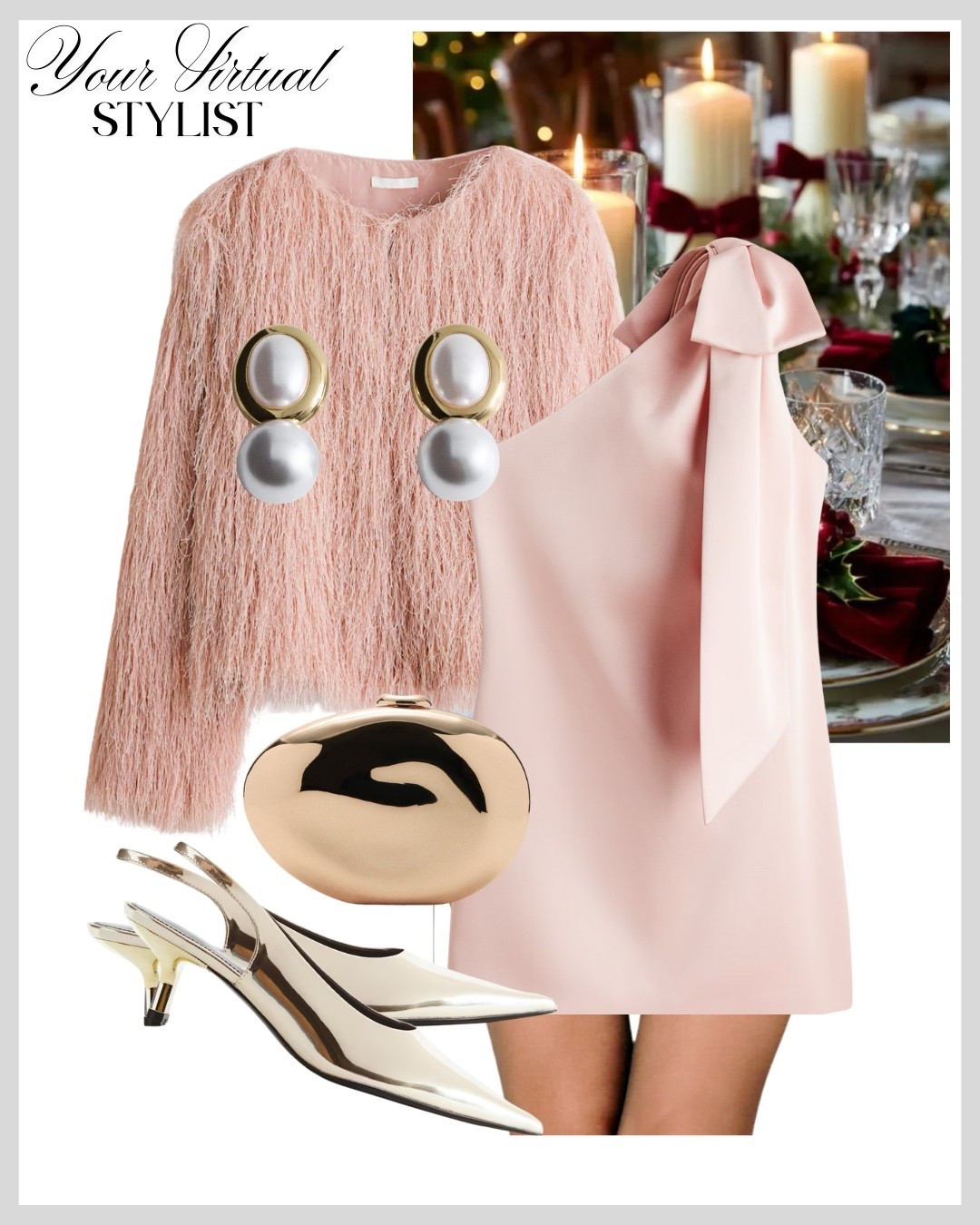 A soft blush one-shoulder dress paired with a textured feather jacket. Finished with pearl-gold earrings, metallic slingbacks, and a sleek gold clutch for a romantic, elegant holiday look.


#LTKwinter #LTKdresses #LTKfestive