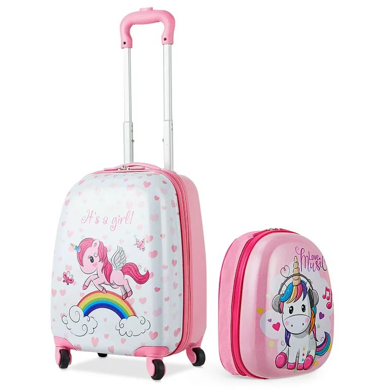Costway 2 Pcs Kids Luggage Set 12” Backpack & 16” Kid Carry On Suitcase for Boys Girls Pink -... | Walmart (US)