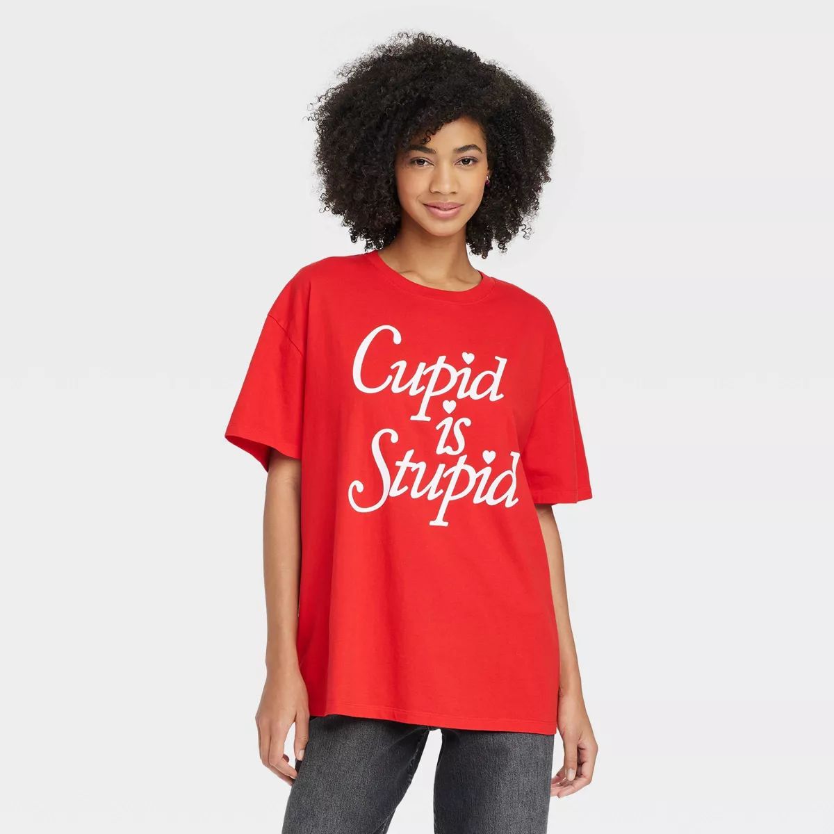 Women's Cupid Is Stupid Oversized Short Sleeve Graphic T-Shirt - Red | Target