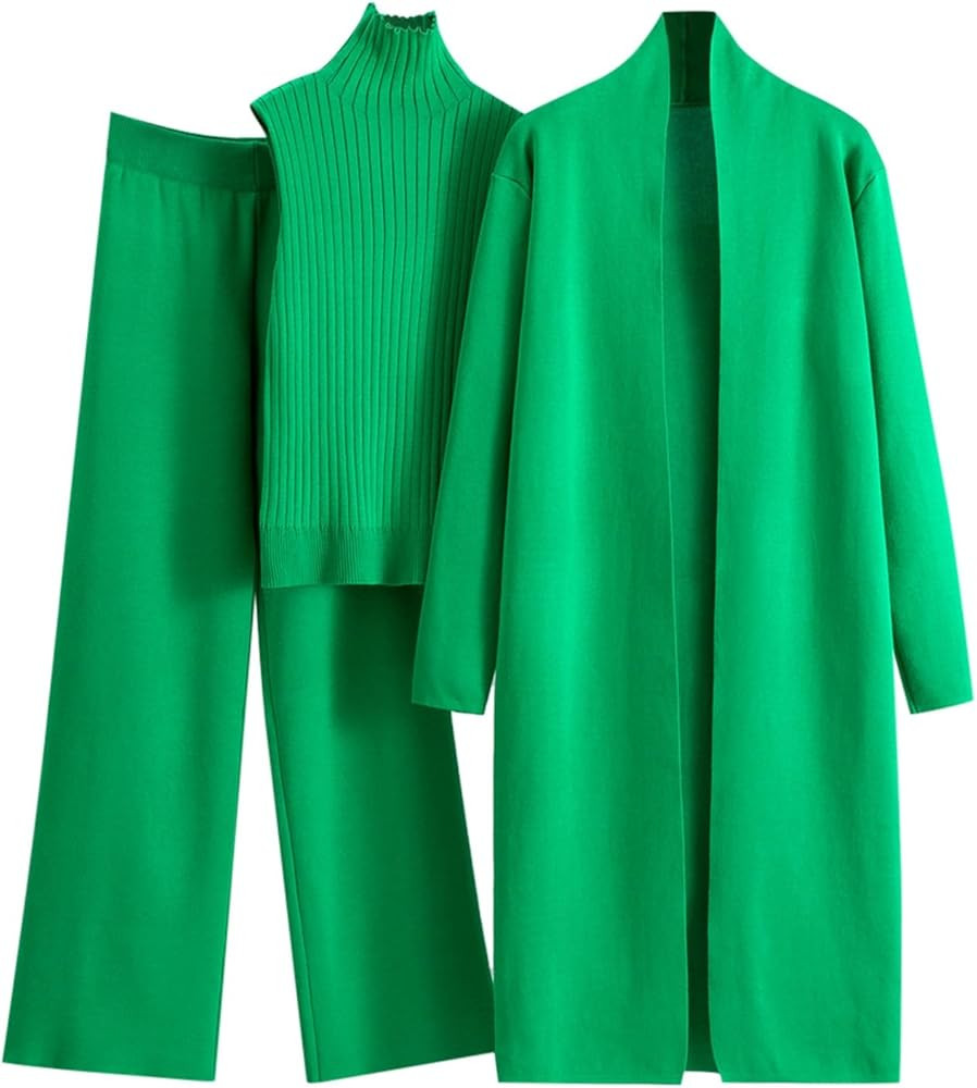 Women's 3 Piece Knit Lounge Set, Long Sleeve Cardigan Sleeveless Turtleneck Tank Top and Wide Leg... | Amazon (US)