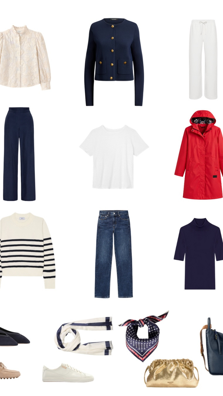 Karen’s Rhine River Cruise Packing Sudoku.
*** see below for red raincoat ***

Nine pieces, intentionally mixed to cover everything from bike rides and small town wandering to sailing down the Rhine and dinner on the boat.

27 outfits.
One carry on.

Red raincoat: Pendleton WOMEN'S VICTORIA RAIN SLICKER
All other pieces from the grid are linked here.