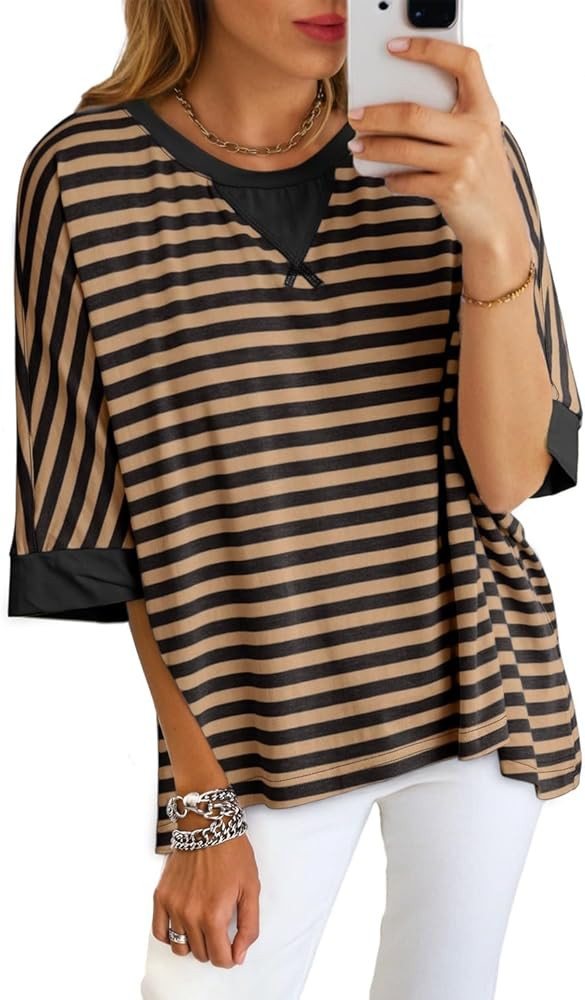 Dokotoo Tops for Women Striped 2025 Fashion T Shirts for Women Color Block Crewneck Design Loose ... | Amazon (US)