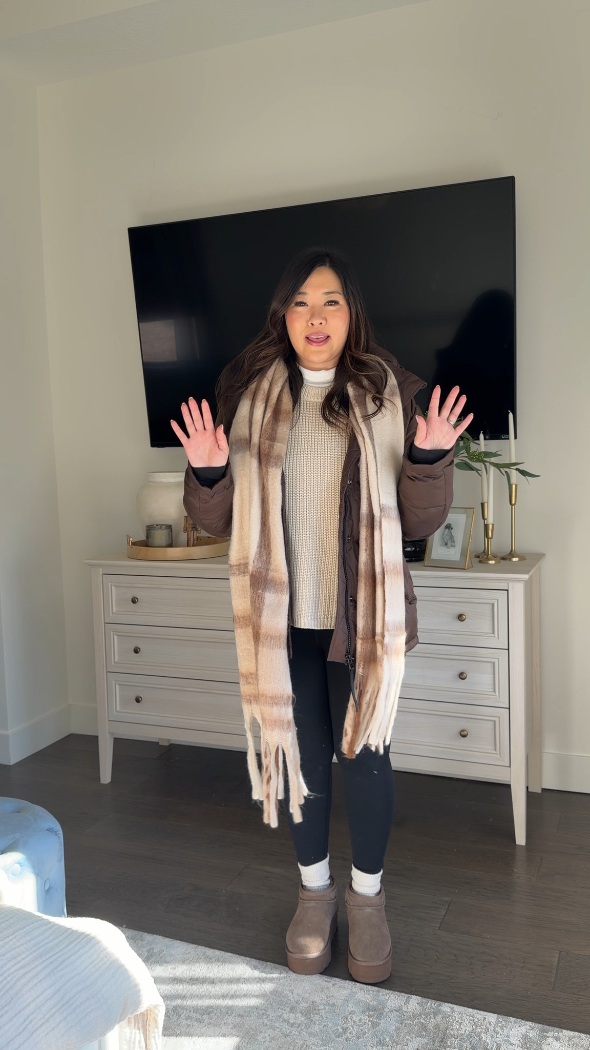 Chic Leggings Outfit
Mock neck tee: Medium
Sweater: Medium
Puffer Coat: Medium
Leggings: Medium 