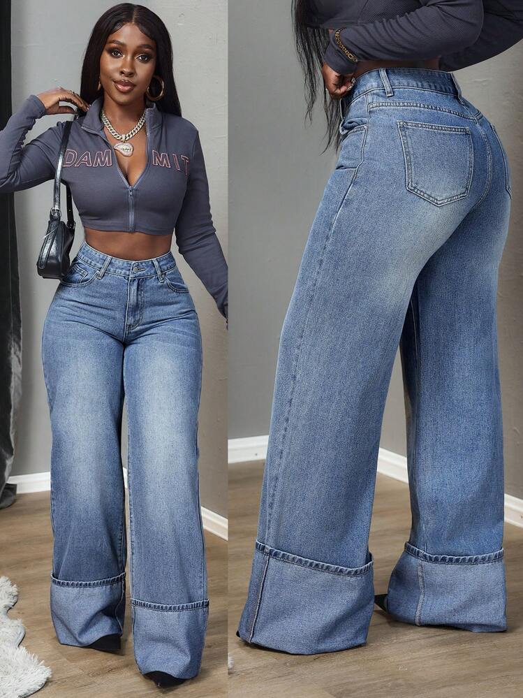 SHEIN Slayr Women's Pocket Decorated Wide-Leg Loose Casual Versatile Jeans | SHEIN