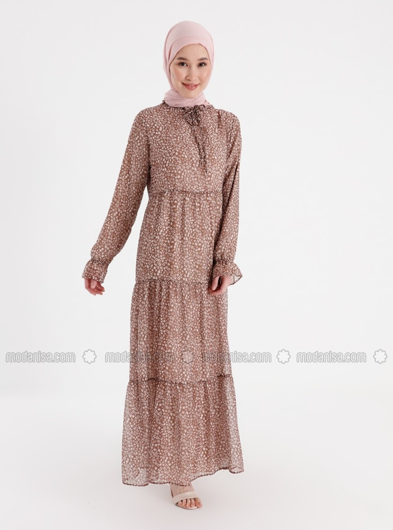 Tie-on Collar Chiffon Relax Fit Dress - Milk Coffee -  Woman | Modanisa (US)