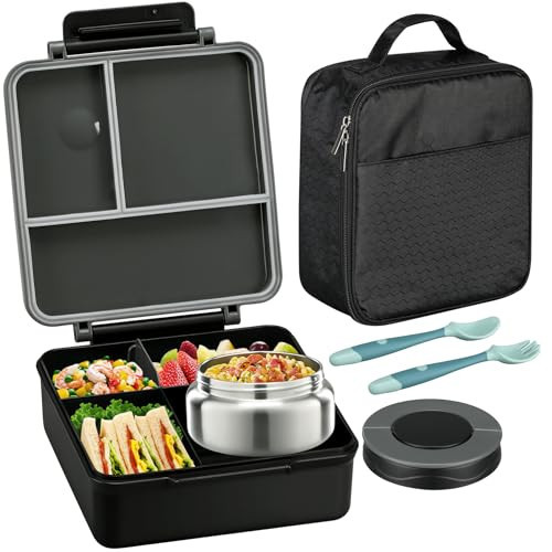 Bento Lunch Box for Kids with 8oz Soup Thermo&Lunch Bag, Leak-Proof Lunch Food Containers with 4 Compartment, Hot Food Insulated Food Jar for Kids School (Black) | Amazon (US)