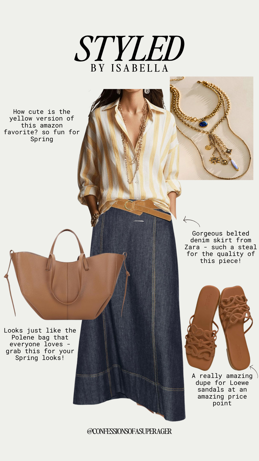 Spring style made effortlessly chic 💛 This polished yet easy outfit features a yellow striped button-down (the perfect Amazon find), a flattering belted denim midi skirt, layered gold necklaces for a luxe touch, and a designer-inspired tote with must-have Loewe-inspired sandals—giving you elevated, affordable fashion for everyday wear. Perfect for spring outfits, casual chic looks, and capsule wardrobe styling, these pieces are versatile, timeless, and on-trend. Shop now to refresh your wardrobe with high-quality, budget-friendly staples you’ll wear on repeat! #liketkit #springstyle #denimskirt #amazonfashion #affordableluxury #casualchic #everydaystyle #capsulewardrobe #over40style #effortlessstyle #neutralstyle #classicstyle #springoutfits #fashionover40 

 

#LTKootd #LTKOver40 #LTKSaleAlert