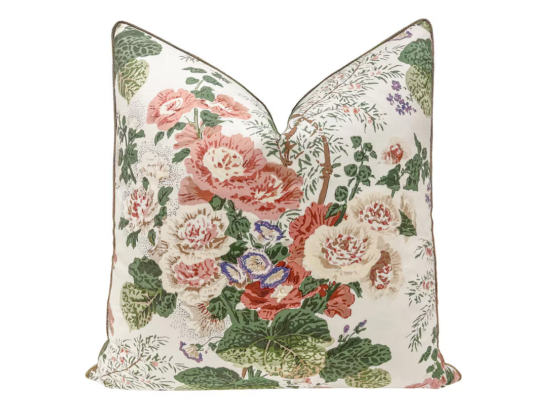 Lee Jofa Althea // Blush Pillow Floral Print Designer Pillow Brass Cord Detailing - Etsy | Etsy (US)
