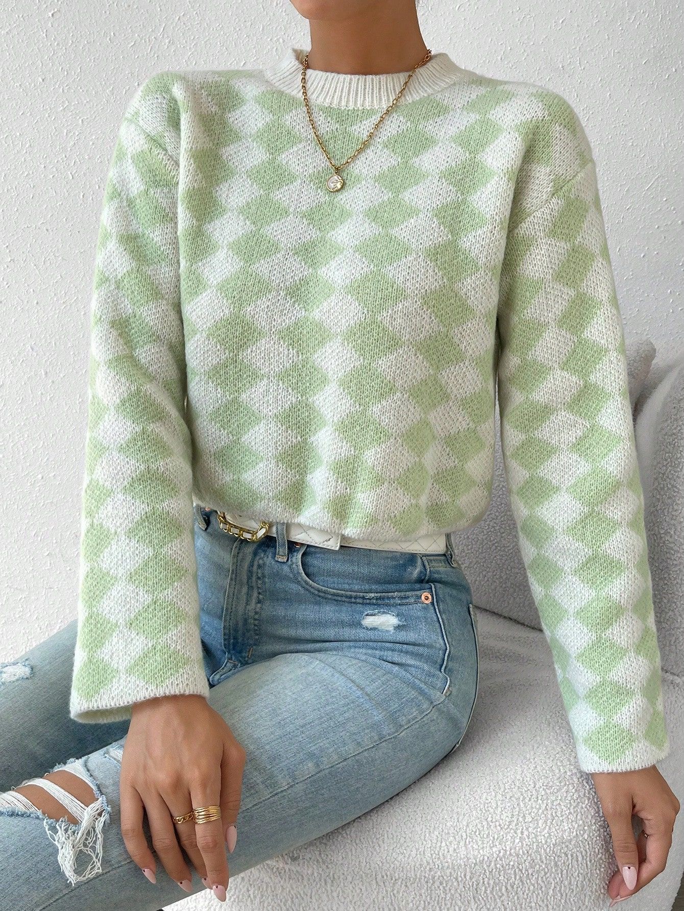 SHEIN Essnce Argyle Pattern Drop Shoulder Sweater | SHEIN