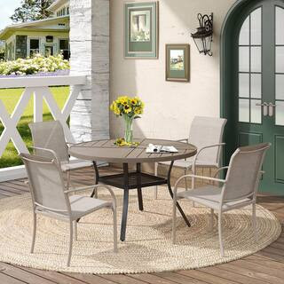 5-Piece Outdoor Patio Dining Set with 40.6 in. Grey Wood-Like Round Table and 4-Sandshell Dining Chairs | The Home Depot