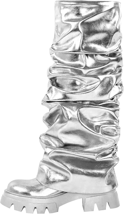 richealnini Metallic Knee High Boots for Women Round Toe Platform Heel Pull On Slouch Boots | Amazon (US)