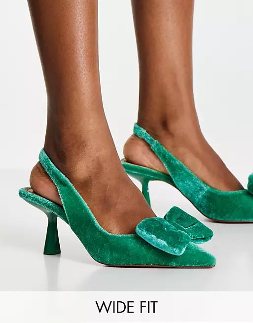 ASOS DESIGN Wide Fit Scarlett bow detail mid-heeled shoes in green | ASOS (Global)