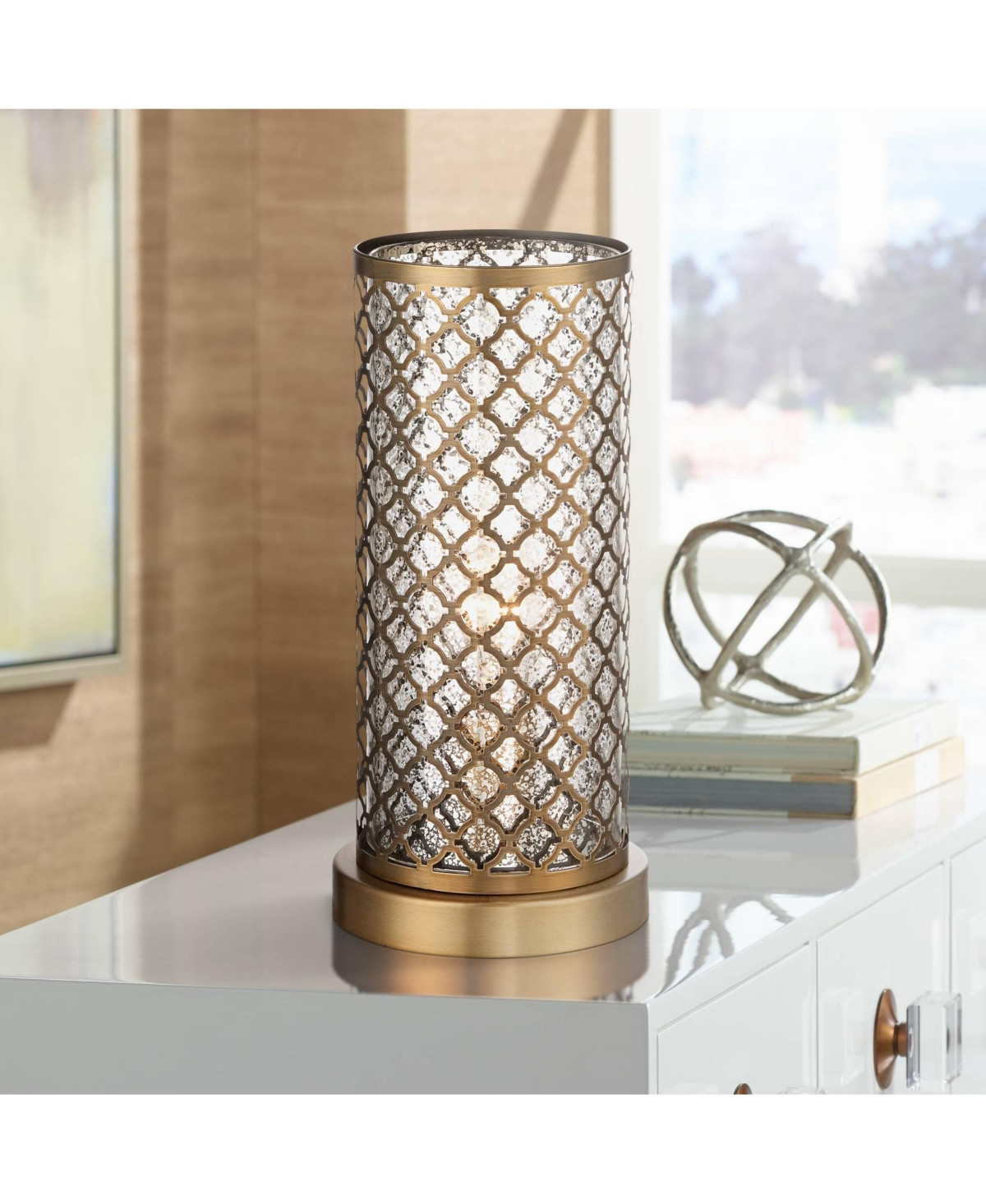 Alcazar Modern Glam Luxury Accent Table Lamp 12" High Brass Gold Metal Lattice Outer Mercury Glass Inner Cylinder Shade Decor for Bedroom House Bedsid | Macy's