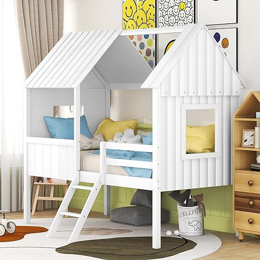 Kids House Beds, Low Loft Bed Frames Twin Size, Wood Play House Bed for Girls/Boys/Toddlers, Whit... | Amazon (US)