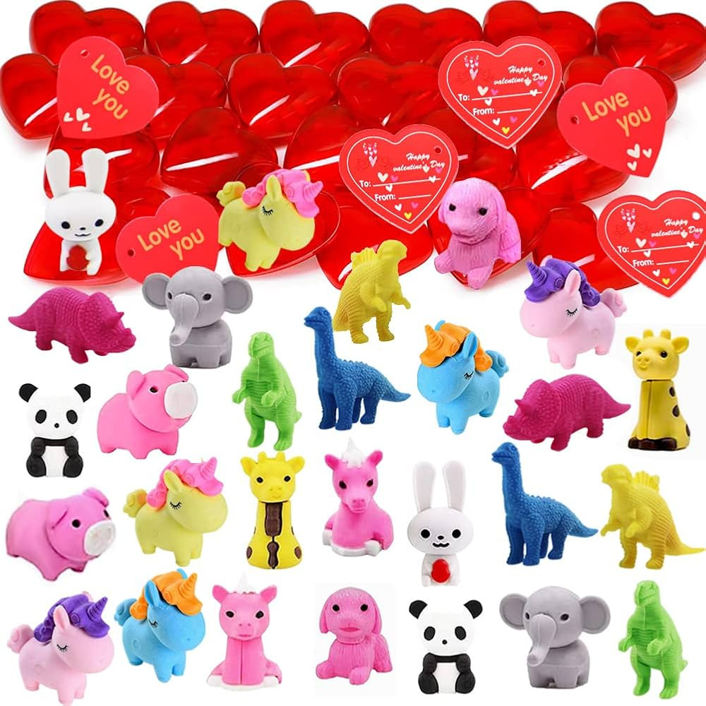 UMEELR 28 Packs Kids Valentines Party Favors Set with Animals Puzzle Erasers Filled Hearts and Va... | Amazon (US)