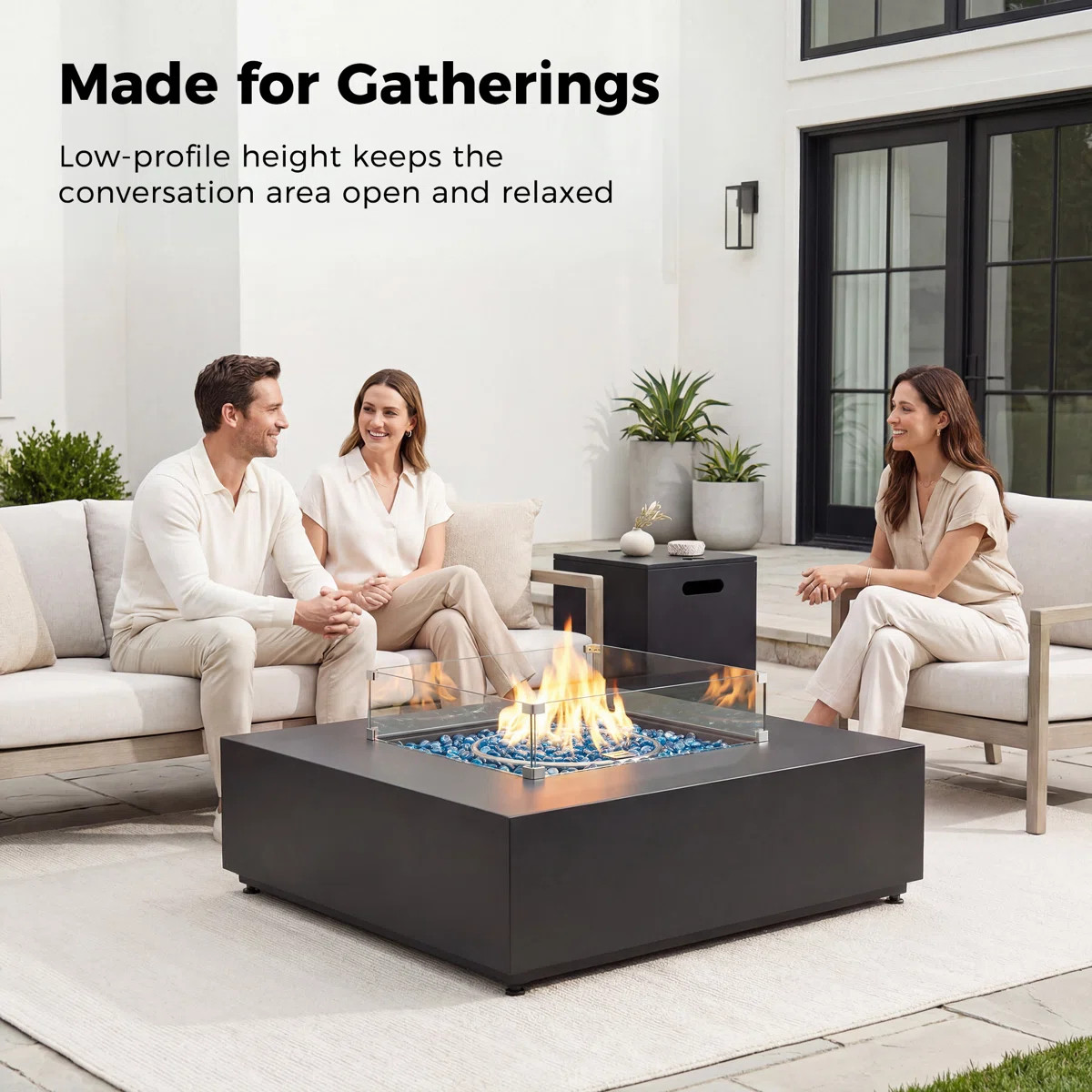 40'' Square Propane Fire Pit Table with Lid, Hidden Tank Side Table, Wind Guard & Cover, 50,000 B... | Wayfair North America