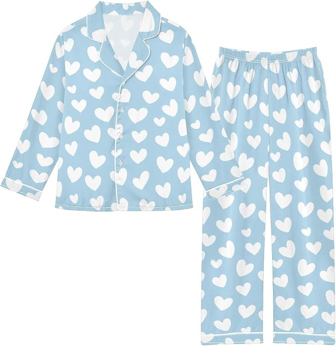 White Hearts Blue Pajamas 2-Piece Pjs Set Long Sleeve Tops Pants Lounge Sleepwear 5-14 Years | Amazon (US)