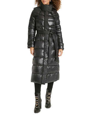 Karl Lagerfeld Womens Shine Hooded Belted Puffer Coat | Macy's