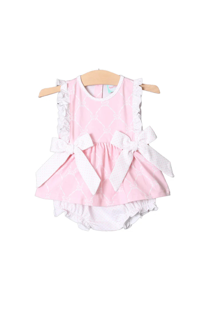 Pink Trellis Bow Knit Bloomer Set | The Smocked Flamingo
