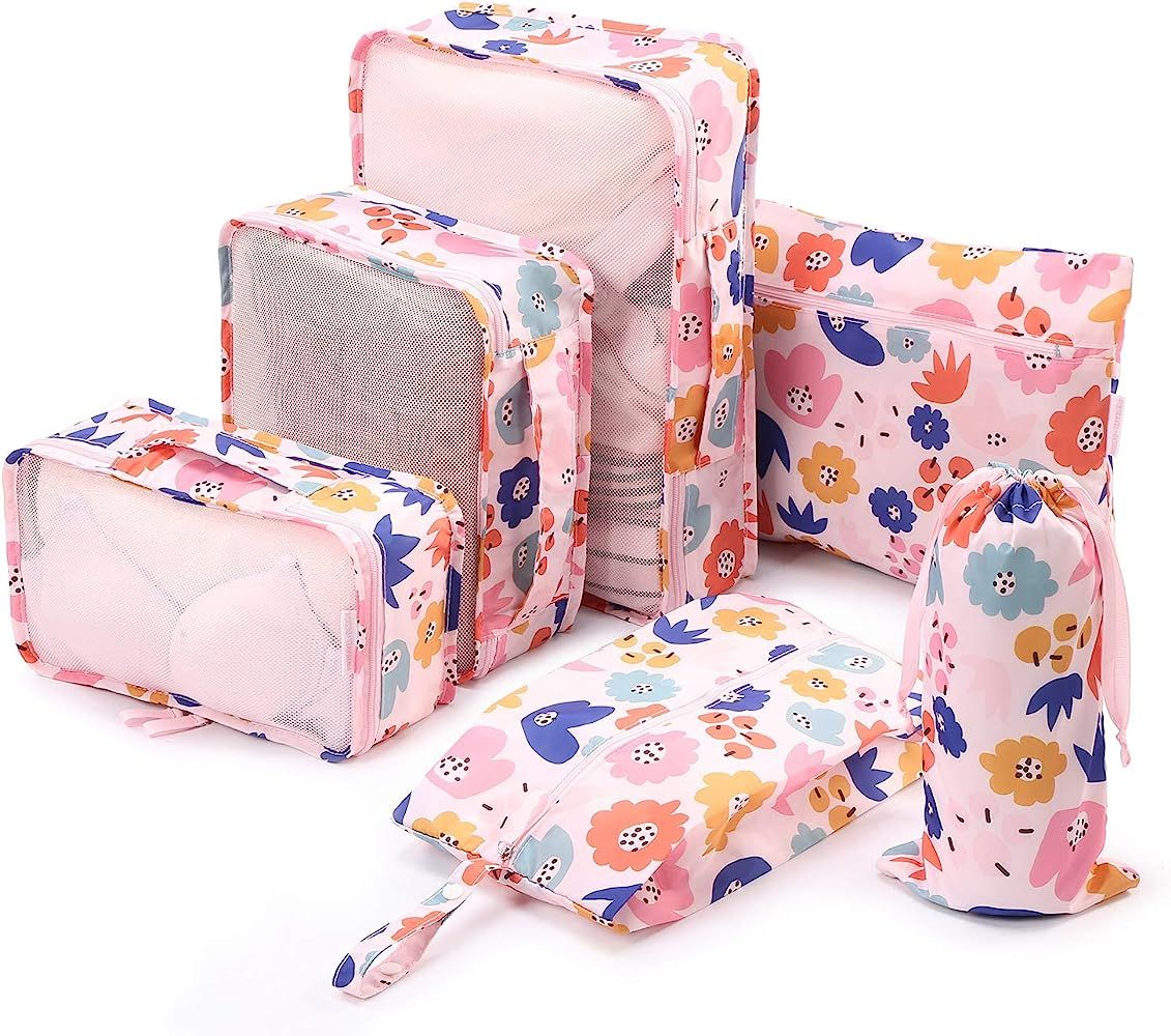 6 Set Packing Cubes-Travel Luggage Organizers with, Pink Flower, Size No Size | Amazon (US)