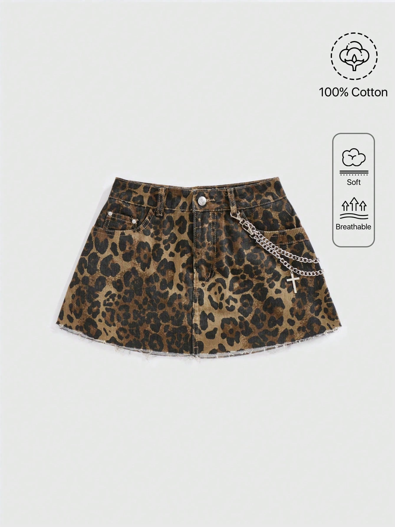 ROMWE Grunge Punk Y2k Vintage Babe Style Cross Chain Decor Leopard Pattern Women Denim Mini Skirt | SHEIN