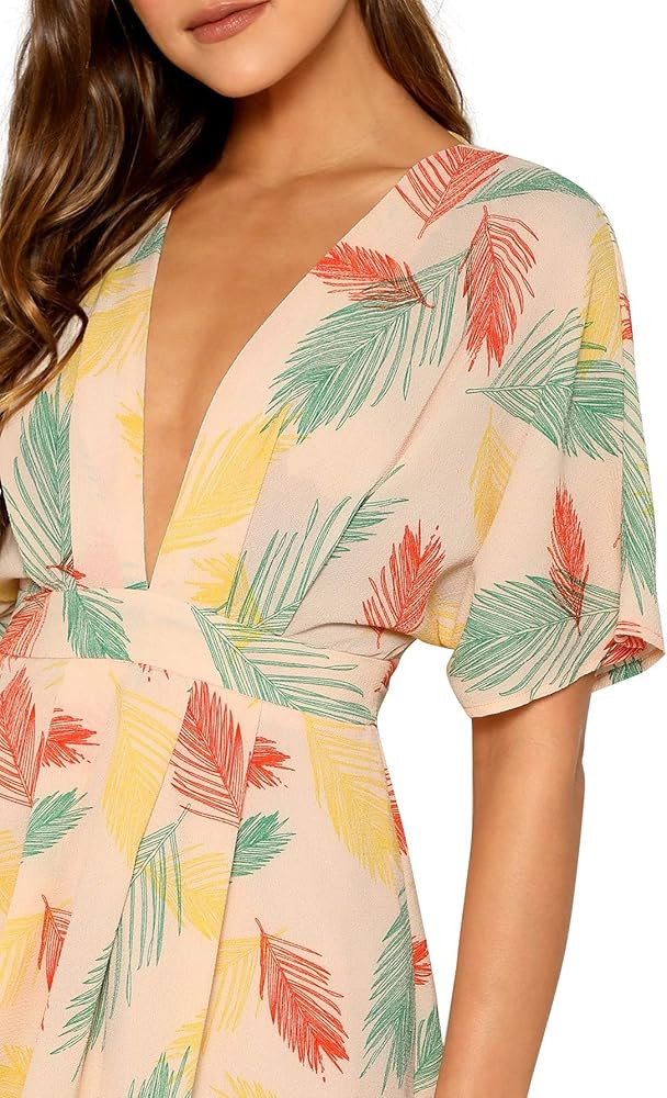 Floerns Women's Ditsy Floral Plunge Neck Knot Front A Line Short Dress | Amazon (US)