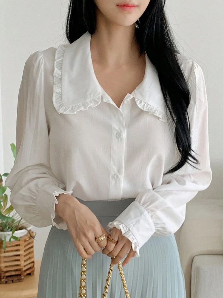 DAZY Peter Pan Collar Loose Fit Open Front Long Sleeve Women Shirt,Long Sleeve Tops Summer | SHEIN