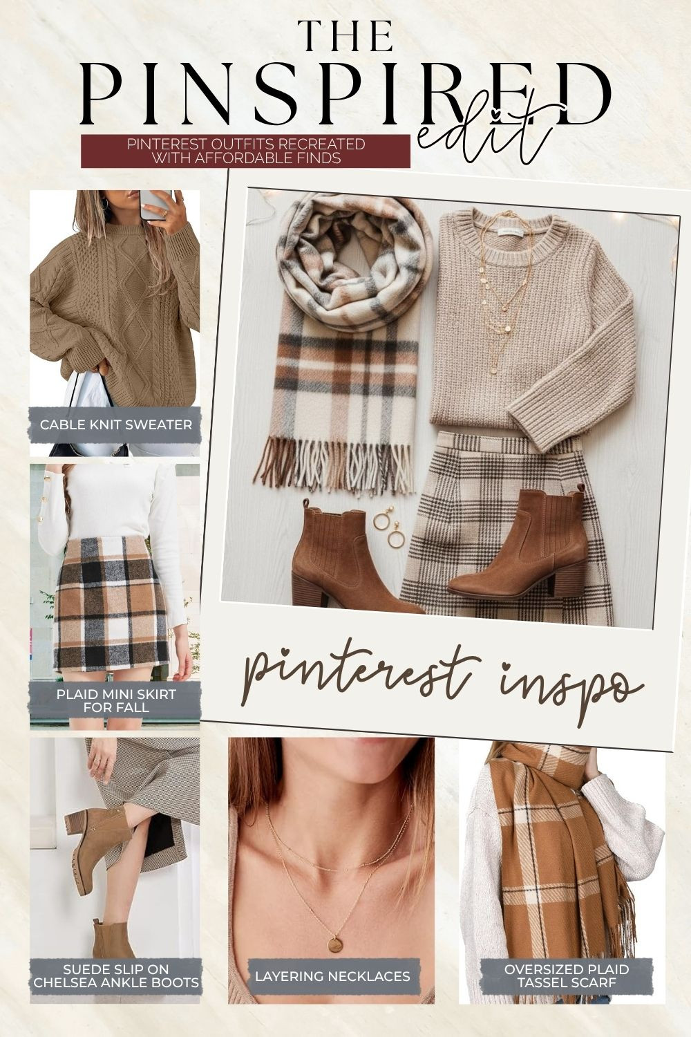 Cozy fall outfit idea with warm neutrals and classic plaid layers 🍂 Recreate this Pinterest-inspired look with a chunky cable knit sweater, plaid mini skirt, suede Chelsea ankle boots, layered necklaces and an oversized plaid tassel scarf. It’s an easy polished fall outfit for church, brunch, date night, family photos, Thanksgiving plans or a casual fall day out. The mix of camel, cream and brown gives it that timeless autumn look that’s easy to wear year after year.

#FallOutfit #FallFashion #PlaidSkirt #MiniSkirtOutfit #CableKnitSweater #ChelseaBoots #FallLayers #NeutralOutfit #AmazonFashion #AmazonFinds #ThanksgivingOutfit #FamilyPhotoOutfit #ChurchOutfit #CozyFallStyle #PinterestOutfit 

 #LTKootd #LTKmomlife #LTKPlusSize
