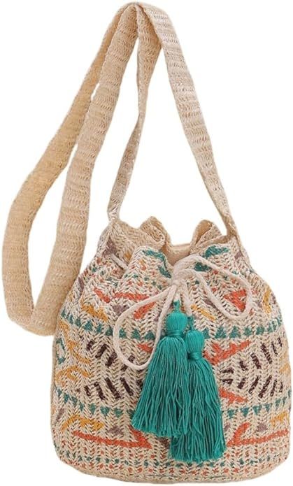 WIGUYUN Women Straw Drawstring Bucket Purse Small Tote Shoulder Handbag Hollow Out Cross-body Bag... | Amazon (US)