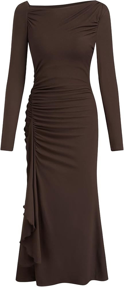 CIDER Women's Long Sleeve Maxi Dress Asymmetrical Ruffle Hem Bodycon Evening Party Dress | Amazon (US)