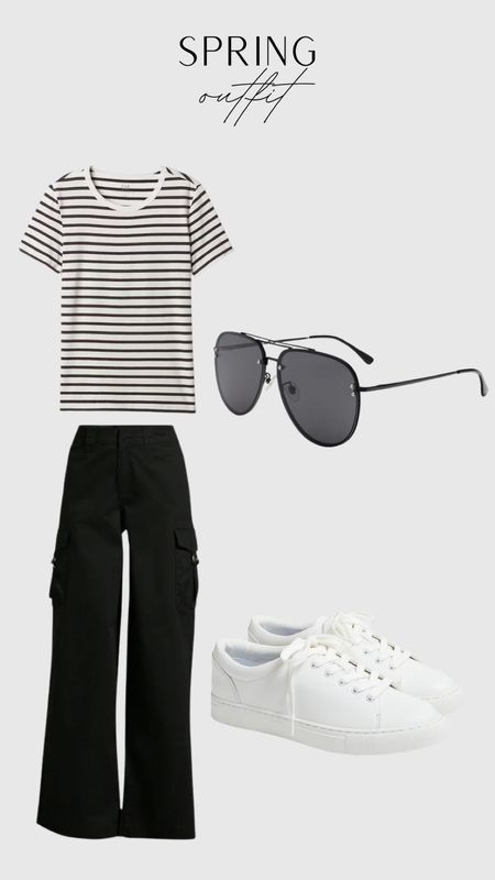Outfit idea, spring style, spring fashion, sunglasses, sneakers, tennis shoes, stripes, tees, cargo pants 

#LTKSeasonal #LTKstyletip #LTKfindsunder100