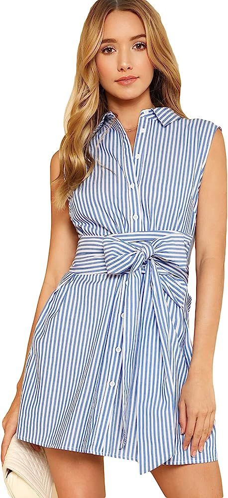 Romwe Women's Cute Striped Belted Button up Collar Summer Short Shirt Dress | Amazon (US)