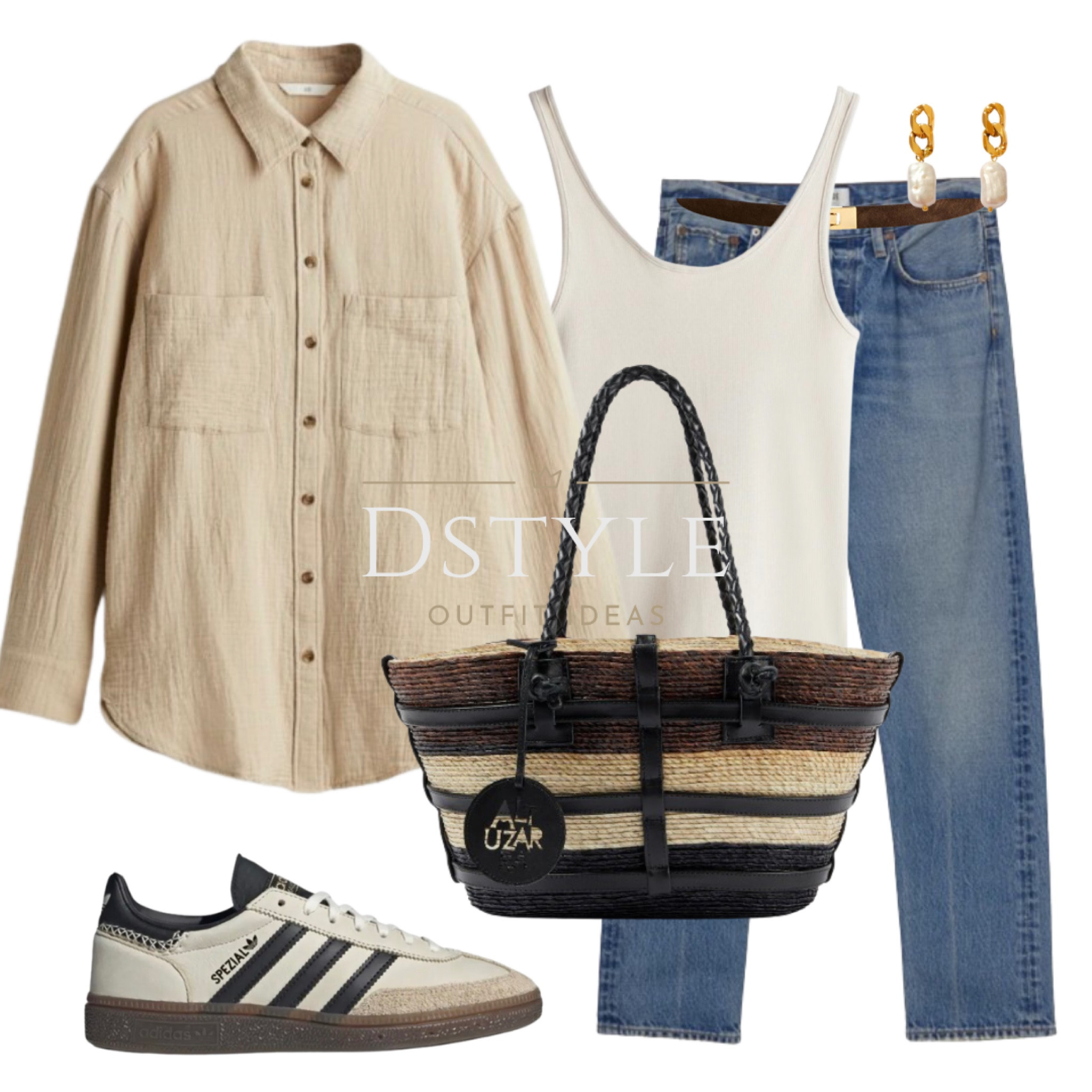 Beige cotton shirt, light beige ribbed top, jeans, Adidas Spezial, matching raffia tote bag, dark brown suede leather belt. Summer style, easy fit, ootd, neutral outfit, beigeaesthetic, spring outfits

#LTKshoecrush #LTKstyletip #LTKitbag