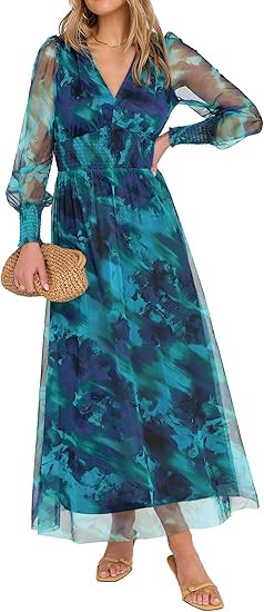 ANRABESS Women's Floral Maxi Dress 2025 Fall V Neck Puff Long Sleeve Flowy Casual Wedding Guest T... | Amazon (US)