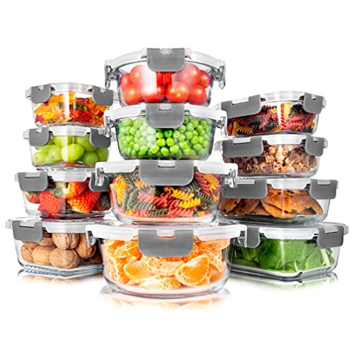 SereneLife 24 Piece Glass Storage Containers with Lids, 12 Pack Glass Meal Prep Container Set for Lunch, Kitchen Storage, Food Storage, Leak Proof, Freezer Safe and Dishwasher Safe, Gray | Amazon (US)