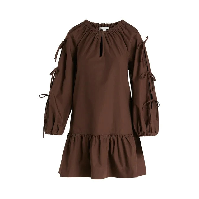 Free Assembly Women's Ruffle Hem Cotton Mini Dress with Long Tie Sleeves, Sizes XS-XXL | Walmart (US)