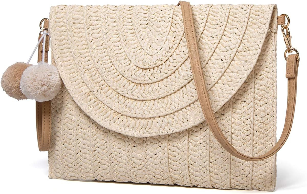 Straw Shoulder Bag Straw Clutch Women Hand-woven PomPom Straw Crossbody Bag Summer Beach Envelope... | Amazon (US)