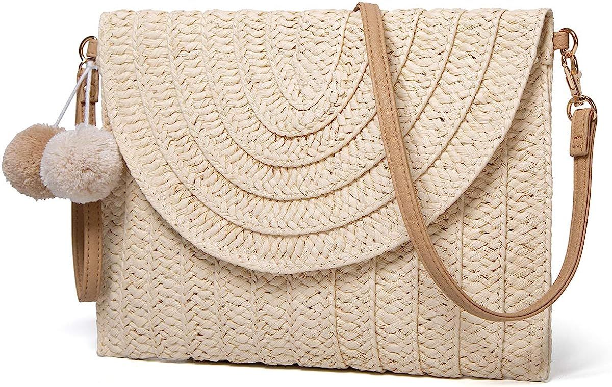 Straw Shoulder Bag Straw Clutch Women Hand-woven PomPom Straw Crossbody Bag Summer Beach Envelope... | Amazon (US)