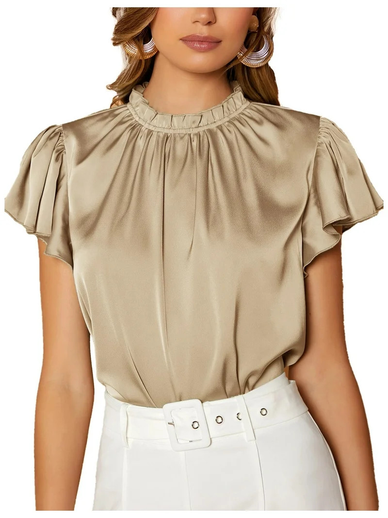 PRETTYGARDEN Women's Summer Satin Blouse Shirt Dressy Casual Ruffle Short Sleeve Crewneck Work Pa... | Walmart (US)