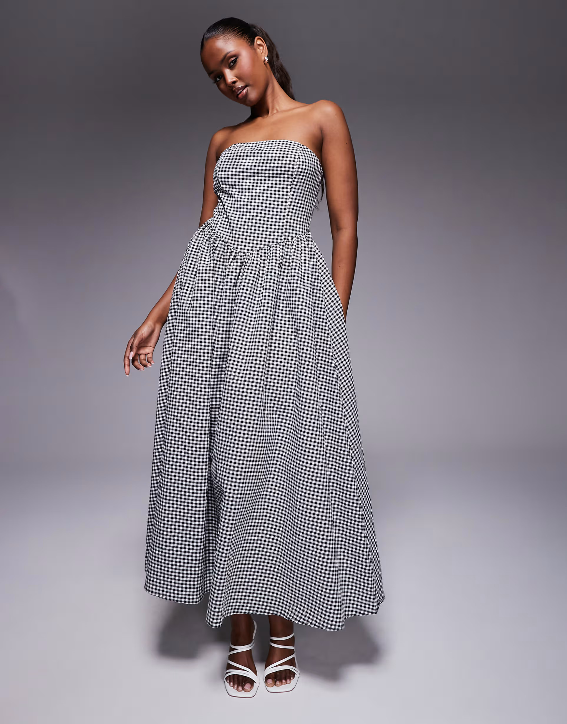 Kaiia exclusive structured bandeau v waist maxi dress in black gingham  | ASOS | ASOS (Global)