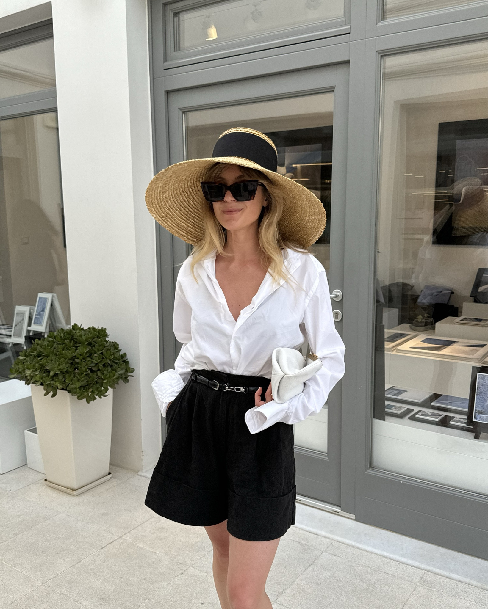 Summer outfit, black and white outfit, tailored shorts, another tomorrow, net a porter, Gucci sun hat, white shirt, casual vacation outfit, Toteme, Khaite 

#LTKeurope #LTKsummer #LTKstyletip