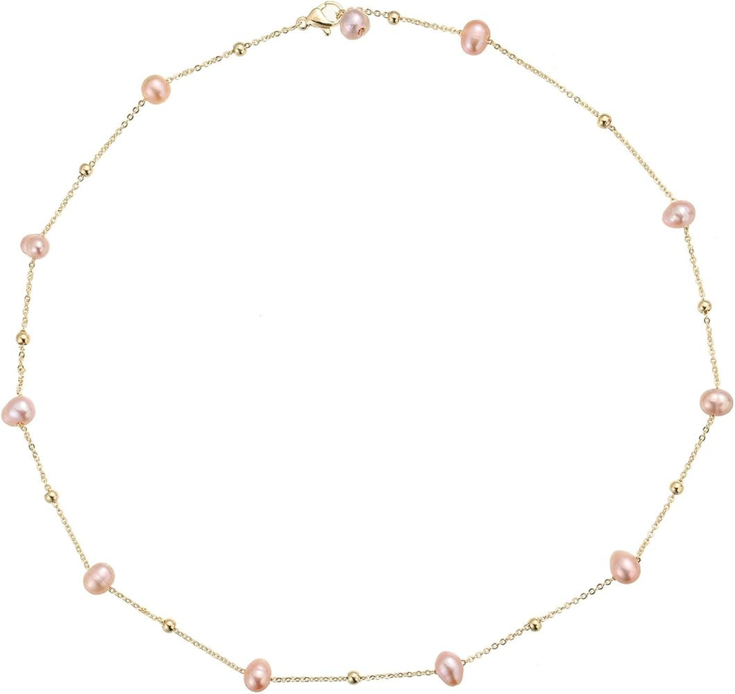 Dainty Pearl Necklace for Women, White Pink Freshwater Pearl 14K Gold Plated or Silver Chain Chok... | Amazon (US)