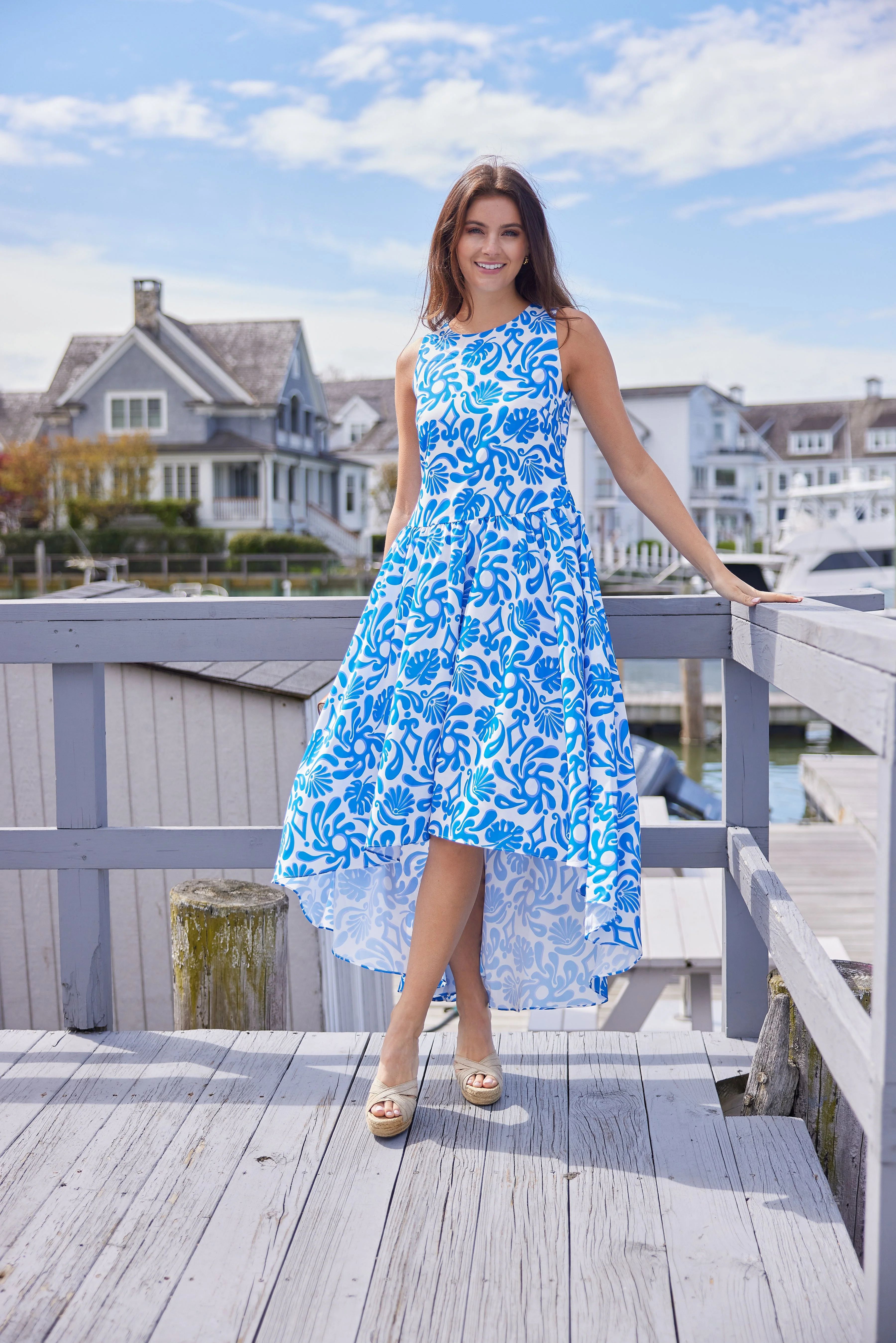 Beach Splash Print Sleeveless High-Low Dress | Sail to Sable