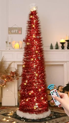 HMASYO 6 FT Pop Up Tinsel Christmas Tree with 100 LED Timer Lights & Remote, Red Collapsible Artificial Pencil Tree with Snowflake Ornaments Xmas Decoration for Home, Office, Party, USB Powered | Amazon (US)