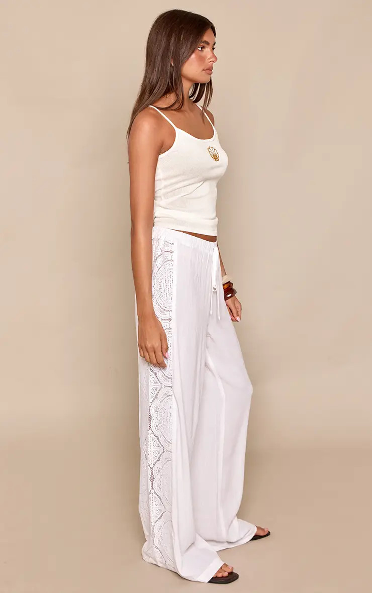 White Cheesecloth Broderie Panel Wide Leg Trousers | PrettyLittleThing UK