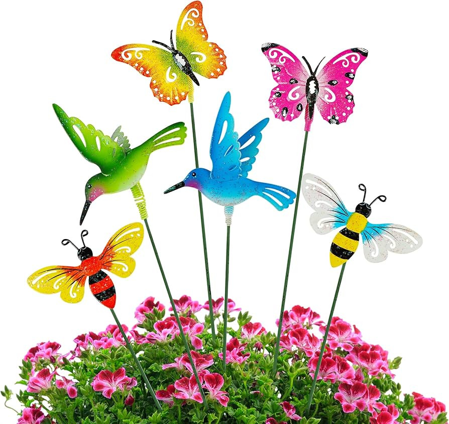 Juegoal 6 Pack Metal Yard Stakes Spring Decor, Outdoor Metal Colorful Butterfly Hummingbird & Bee... | Amazon (US)