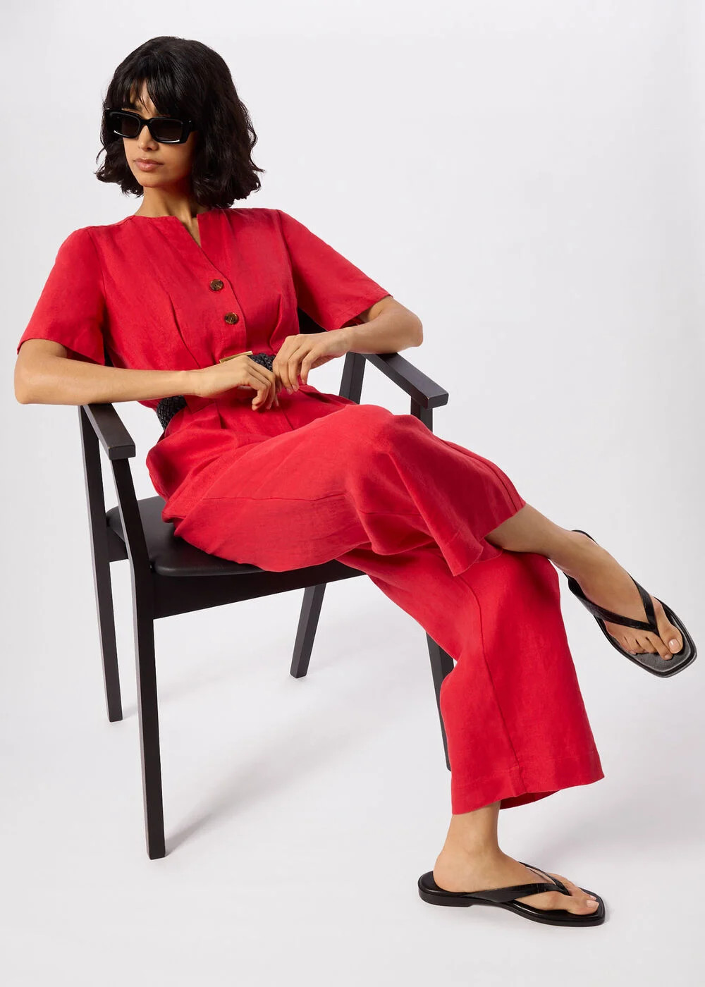 Red Fiona Linen Button Jumpsuit | WHISTLES | Whistles UK | | Whistles