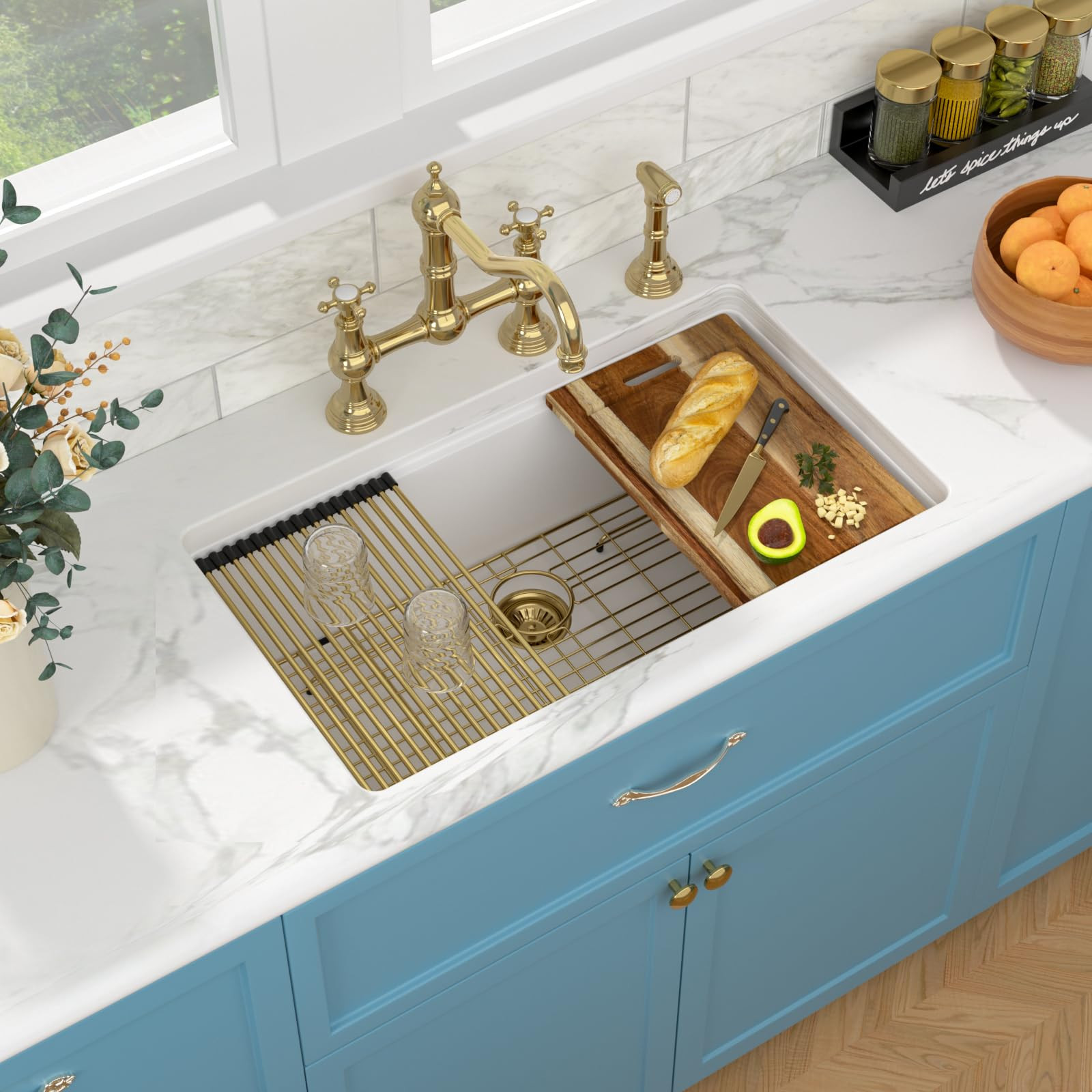 Sarlai 32 Granite Composite Kitchen Sink - 32 x 19 Inch Granite Undermount Kitchen Sink Ledge Workstation Under-Mount White Quartz Classic Single Bowl Sinks Under Counter Basin With Gold Accessories | Amazon (US)